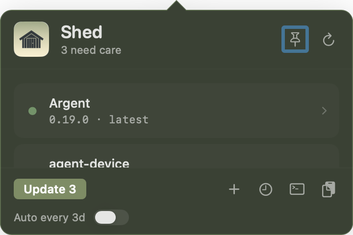 Shed menu bar panel showing tool freshness